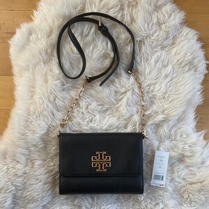 Tory Burch Britten Chain Wallet  Black Crossbody Bag with Gold Accents